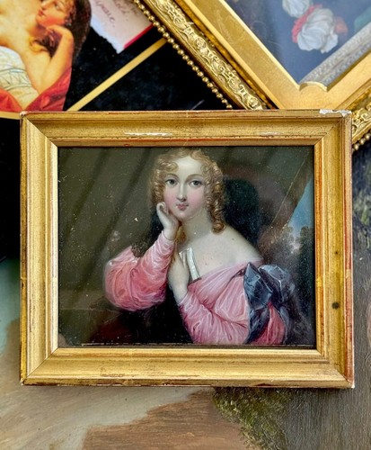 FABULOUS MINIATURE PORTRAIT ON WOOD SPLENDID LADY WITH BOOK 18TH - Picture 2 of 9