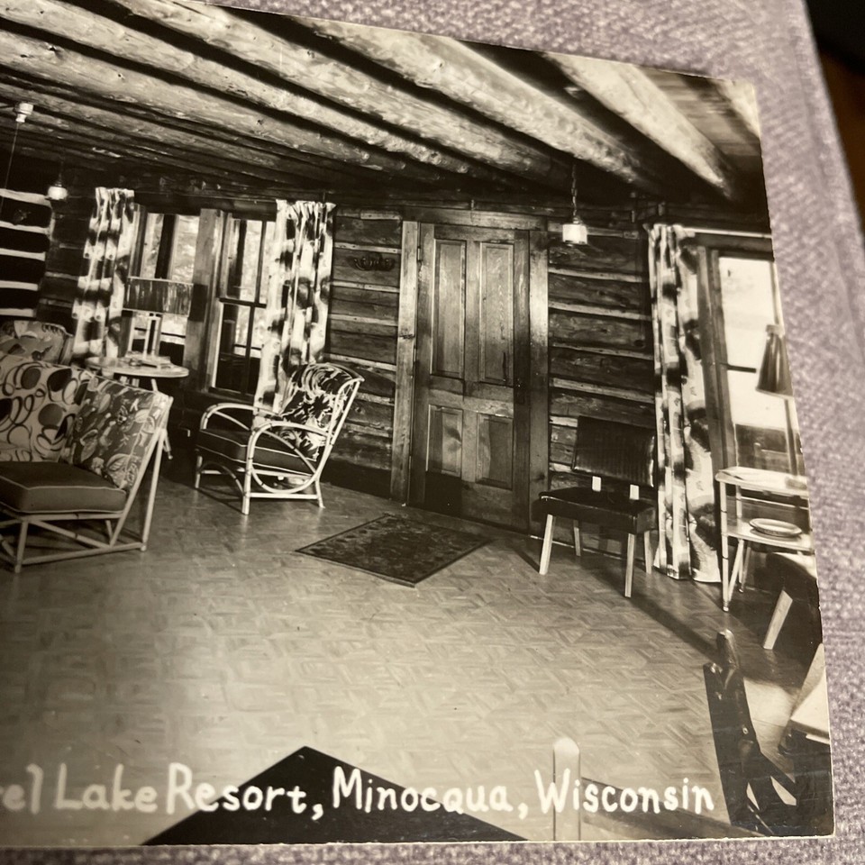 Minocqua WI Squirrel Lake Resort Interior Real Photo postcard Wisconsin
