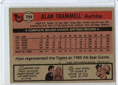 1981 Topps Alan Trammell Detroit Tigers #709 ⭐️💥🎯 EX - Picture 2 of 2
