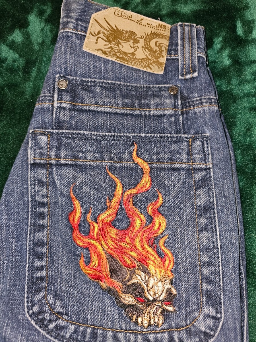 Vintage JNCO Long Shorts Embroidered Skull Flamehead Youth