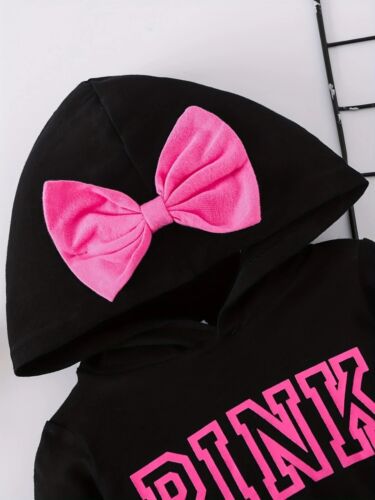 Girl Sweatsuit Black/Pink Printed Hooded w/Bow Cotton - Picture 3 of 5