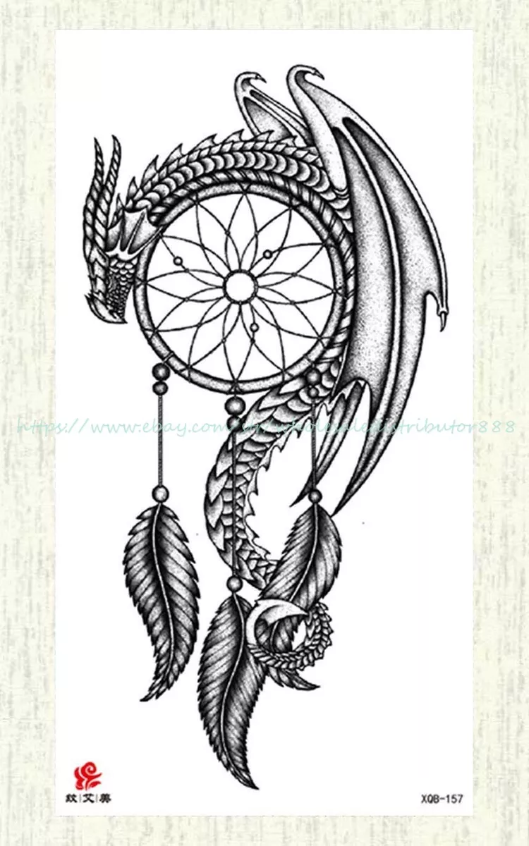 tribal tattoo fire dragon dreamcatcher Halloween black large 8.25" temporary