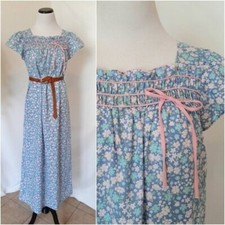 Vtg Blue Floral Smocked Prairie Cottagecore House Dress Embroidered Night Dress