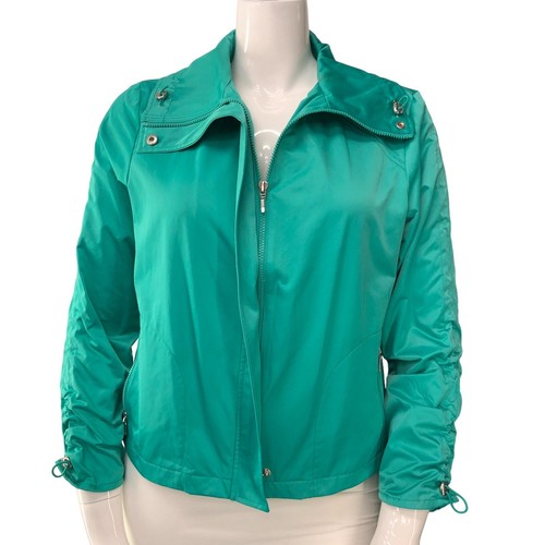 Chicos Sz 2 US 12 Large Rain Jacket Nylon Full Zip Green Ruched Sleeve TINY FLAW - Picture 13 of 17