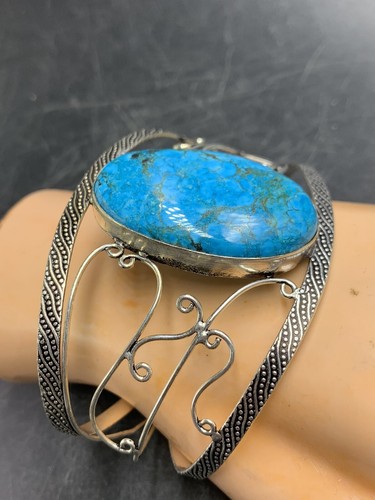 GIANT Turquoise Cuff Bangle 925 Silver 9.5” Bracelet - Picture 5 of 13