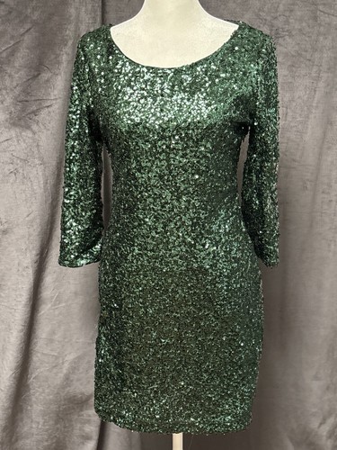 Express Dress 2 Green Sequin Bodycon Cutout Party Cocktail Holiday Evening Mini - Picture 2 of 10
