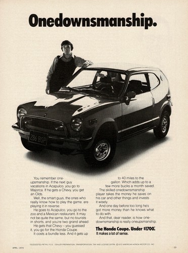1972 HONDA Coupe 'Onedownmanship' Automobile Compact Car Vintage Ad