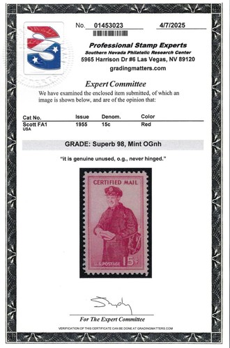 US Scott # FA1 - Mint NH - PSE Graded SUPERB 98 (P-20) - Picture 3 of 3