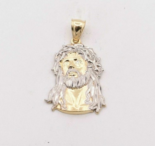 1 3/4" Jesus Head Diamond Cut Two-Tone Pendant Real SOLID 10K Yellow White Gold - Picture 5 of 6