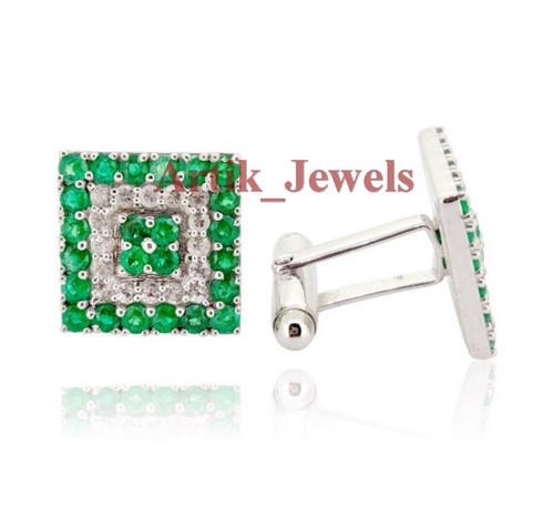 Natural Green Onyx Gemstone With 14K White Gold Plated Silver Cufflink #663 - Picture 5 of 10