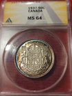 1937 Canada Silver Fifty Cents Gorgeous Original Cobalt Rim Toning ANACS MS 64