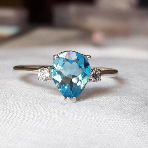 2.40 Ct Swiss Blue Topaz & White Topaz Birthday Prong Ring 925 Solid Silver - Foto 1 di 6
