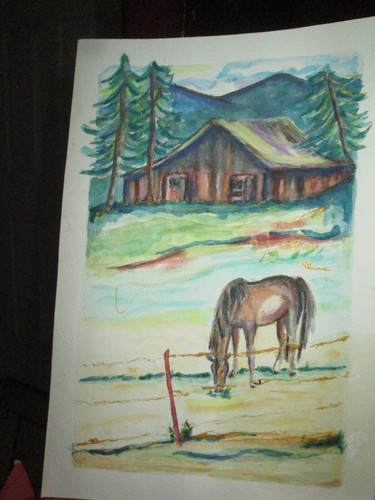 Original Watercolor-Horse, barn, Blue Ridge Mountains, 7 1/2" x 11"
