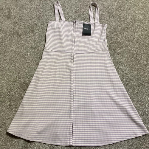 NWT Forever21 Purple & White Striped Summer Dress Hook n Eye Closure Full Front - Picture 1 of 15
