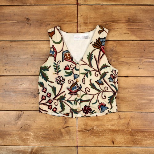 Vintage Passport Tapestry Gilet L Vest Floral Multicoloured Womens