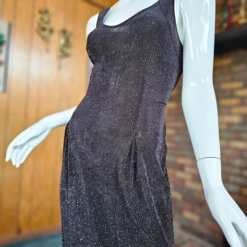 Vtg 90s Glitter Goth Starry Night Metallic Silver Prom Gown Maxi Vampy Dress S/M - Picture 5 of 11