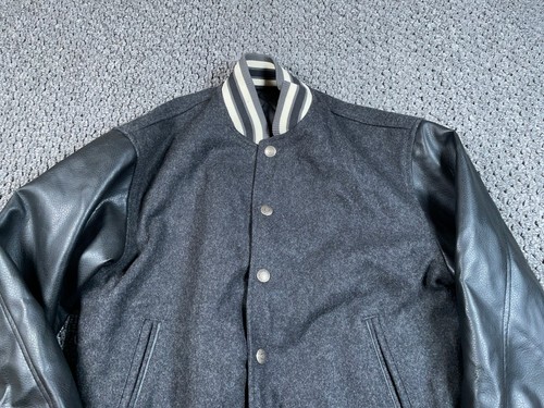 Reversible Wool Varsity Bomber Jacket Youth Large Black Gray Faux Leather - Picture 12 of 14
