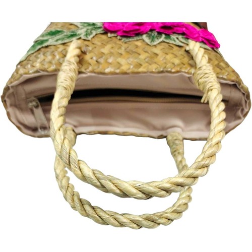 Borsa Tessuta Thailandese Borsa a Mano Vimini Tote Donna con Fodera Design Fiori Ricamati - Foto 12 di 15