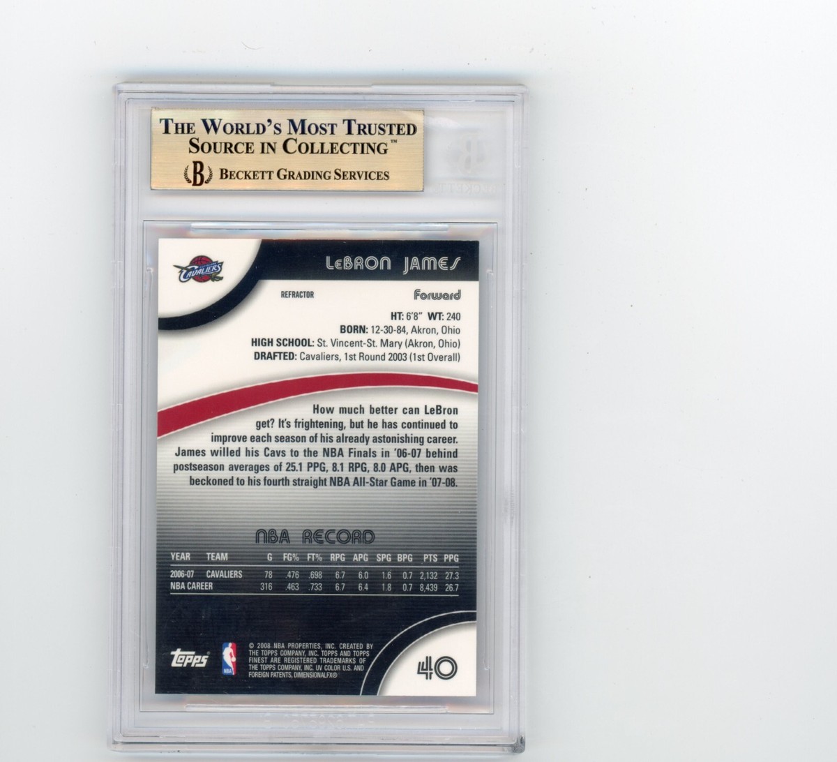 2007-08 Topps Finest LeBron James Refractor #40 BGS 9.5 True 2007-08 Topps Finest LeBron James Refractor #40 BGS 9.5 True
