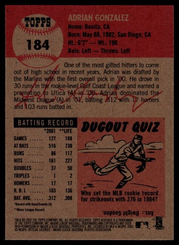 2002 Topps Heritage #184 Adrian Gonzalez * Night * Florida Marlins - Picture 2 of 2