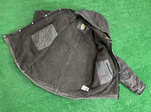 Vintage Carhartt J284 Sherpa Lined Work Jacket Black Hooded Distressed Men Large - Picture 5 of 6
