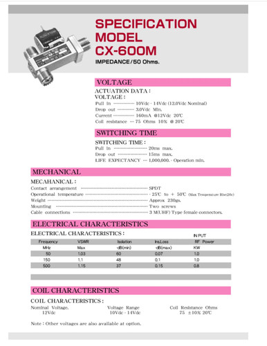 CX-600M CX600M TOHTSU SPDT Coaxial Relay Switch RF 12V UHF - Picture 4 of 4
