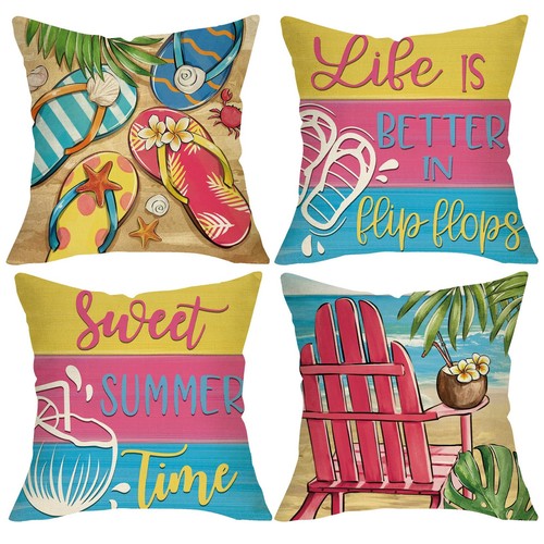 Sweet Summer Time Beach Decorative Throw Pillow Covers 18 x 18 Set of 4, Life...