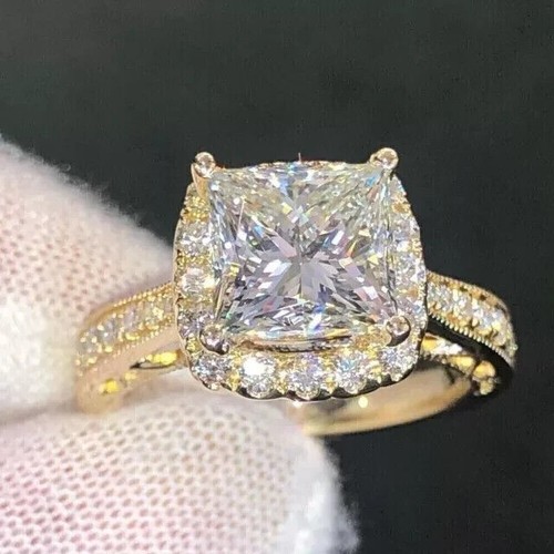 2.Ct Princess Cut Lab Created Diamond Engagement Ring 14K Yellow Gold Plated - Picture 1 of 7