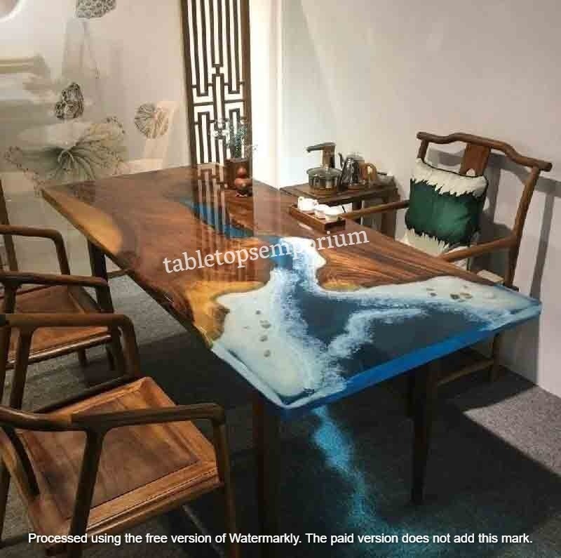 Image of Ocean Wave Epoxy Coastal Dining Table - Inspired Sea Resin Console Furniture Dec