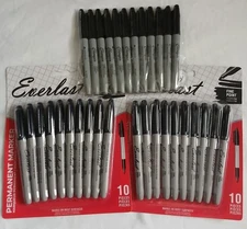 32 NEW Black Permanent Markers Fine Point - Free Shipping (10+10+12) Everlast