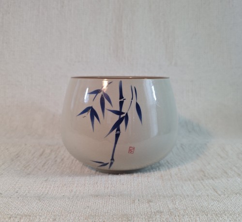 Bamboo Chinese Tea Cup Bowl Lg Hand Painted Blue & Cream Planter Stamped - Picture 6 of 19