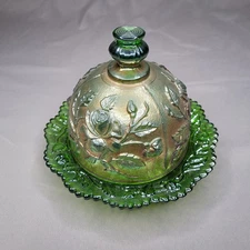 Green Iridescent Carnival Imperial Glass Covered Dish Dome Rose Floral Plate