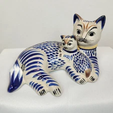 Tonala Mexican Acem Pottery Mother Cat & Kitten Hand Painted Folk Art