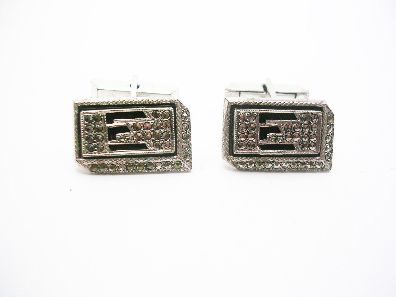 Sterling Silver Initial E Cuff Links Marcasite Ge… - image 1