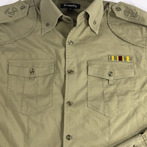 Dragonfly Military Shirt Olive Green Embroidered Patch Long Sleeve Men’s M - Picture 11 of 20