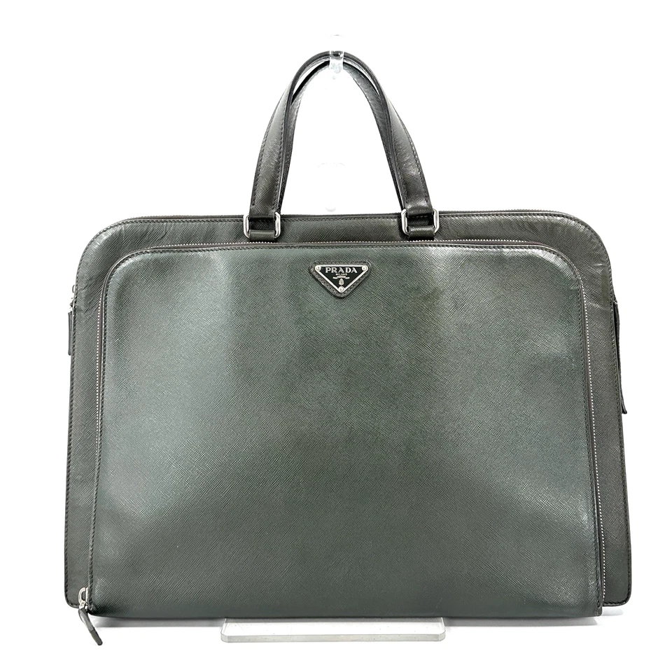 Auténtico maletín de negocios PRADA Saffiano de cuero verde Kahki Foto 2 de 4