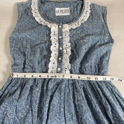 Vtg Leslie Faye Blue With White Eyelet Trim Sleeveless Floral Dress Petite S (?) - Picture 6 of 9