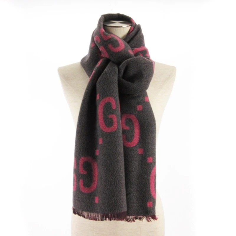 Gucci écharpe Gg jacquard franges laine soie fabriqué en Italie 558007 3G636 rose gris 37