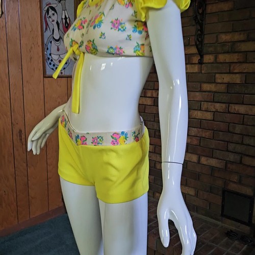 Vtg 70s Fruit Playsuit Novelty Romper Print Crop Top + Hot Pants Shorts Set XS/S - Video 1 of 1