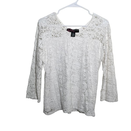 Peck & Peck Blouse Women's XL White Lace 3/4 Sleeve Sheer Lined Boho Shirt Top