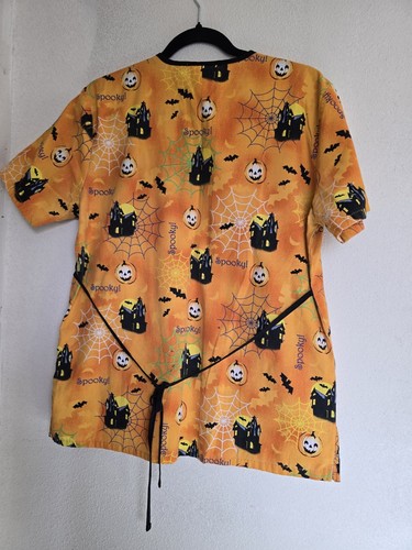 SB Scrubs Orange Black Halloween Haunted House Jack-o-Lantern Scrub Top Sz S - Picture 2 of 6