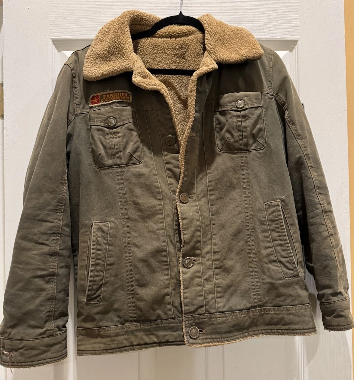 Fashion Outdoor Men Green Denim Faux Sherpa Lined Men Bomber Jacket Medium