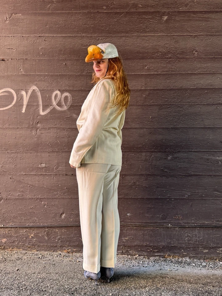 Ropa de hombre de la era de mediados de siglo - Traje de dos piezas blanco de tela de playa de palma - Foto 4 de 4