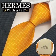 HERMES Silk Tie Yellow Print Pattern Made in France 9.5cm With Tag