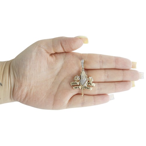 10K Yellow Gold Diamond Men's GRIND HARD PRAY DAILY Praying Hands Pendant 3/4 CT - Picture 6 of 6