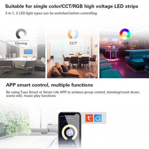 220V 3 Channel Tuya WiFi Smart LED Controller Single Color CCT RGB Strip F Alexa - Picture 4 of 11