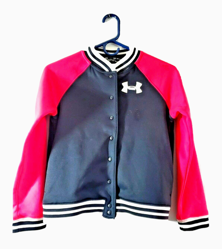 Under Armour Bomber Jacket Girls Medium Pink & Black Cold Gear Snap Button - Picture 8 of 9