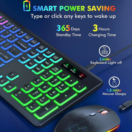 Wireless Keyboard and Mouse Combo RGB Backlit, Rechargeable Light Up Letters, - Picture 3 of 15