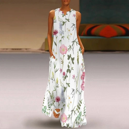 Womens Plus Size Cotton Sleeveless Long Maxi Dress Casual Loose Sundress - Picture 7 of 38