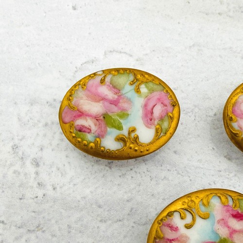Set of Three Antique Hand Painted Porcelain Buttons - Roses - Picture 3 of 7